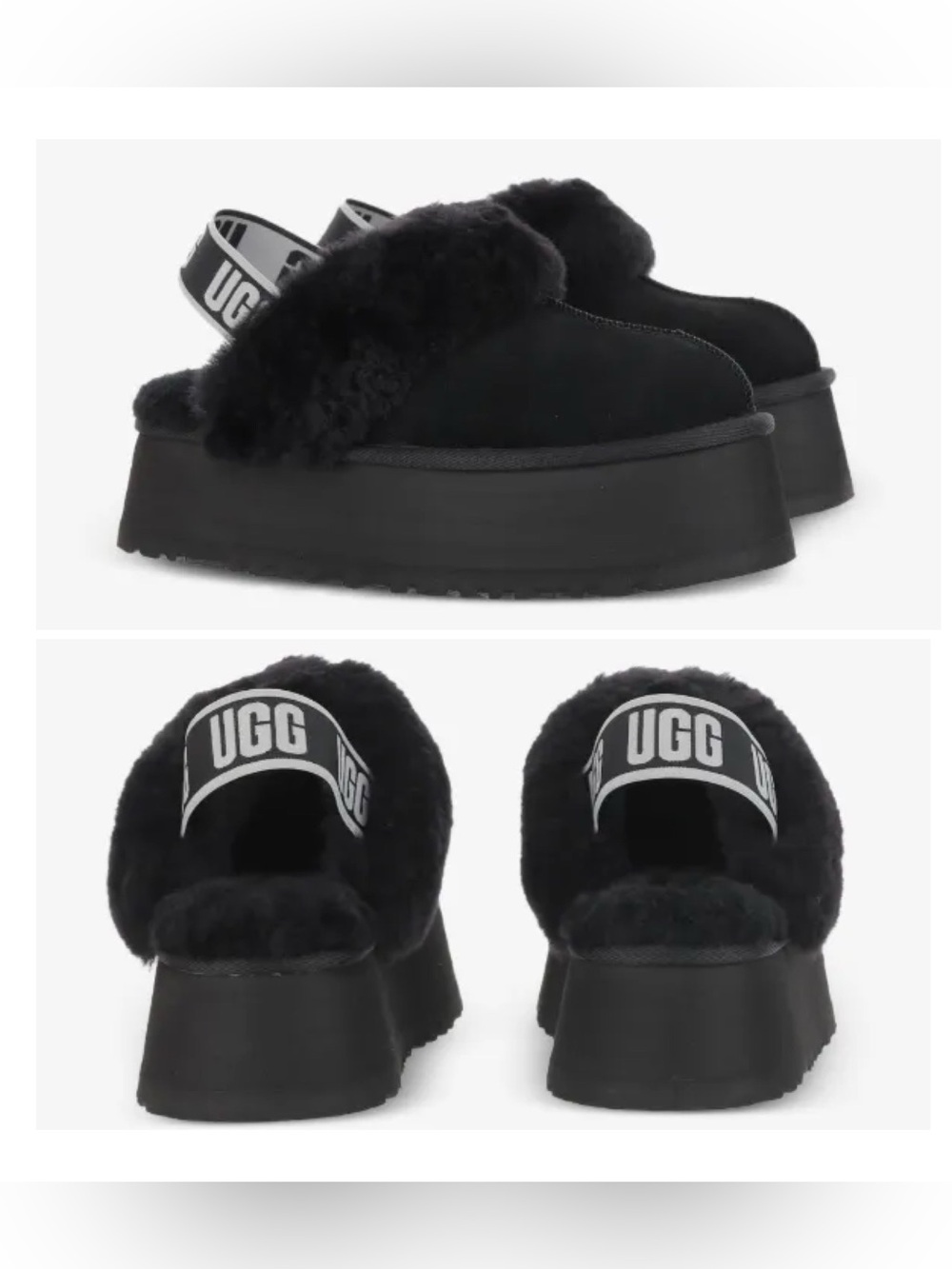 $140 UGG Funkette Black Sherling-trim Slingback Platform Slippers Size 10